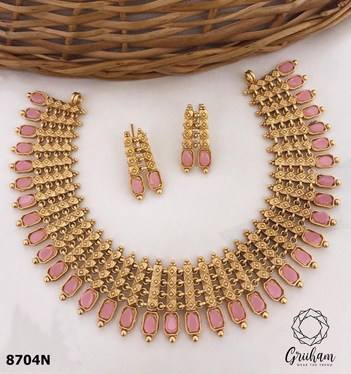 Premium Gold Plated Broad Necklace Set with diff Colours 8703N-Necklace Set-Griiham-Mint Pink-Griiham