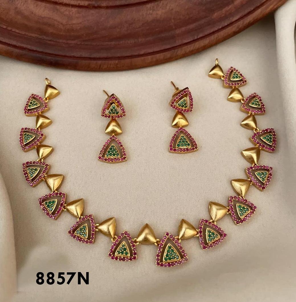 Premium Gold Plated CZ Exclusive handcrafted Necklace Set with Red and Green stones 8857N-Necklace Set-Griiham-Griiham