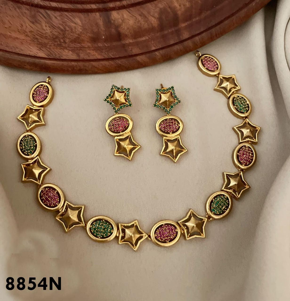 Premium Gold Plated CZ Star Necklace Set with Red Green Colour stones 8854N-Necklace Set-Griiham-Griiham