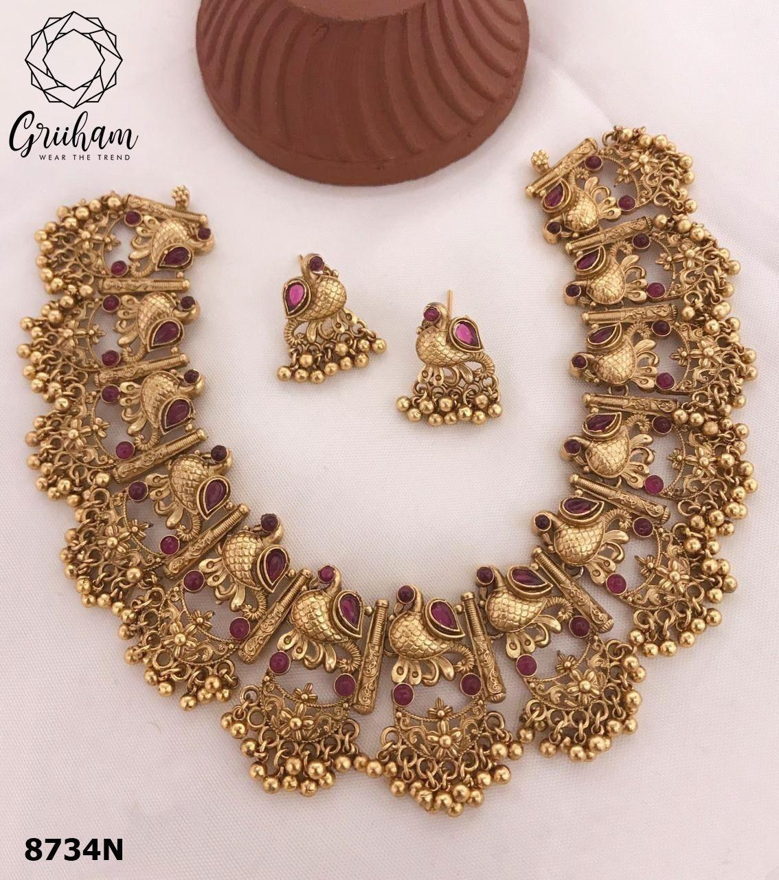 Premium Gold Plated Choker Set 8734N-Necklace Set-Griiham-Maroon-Griiham