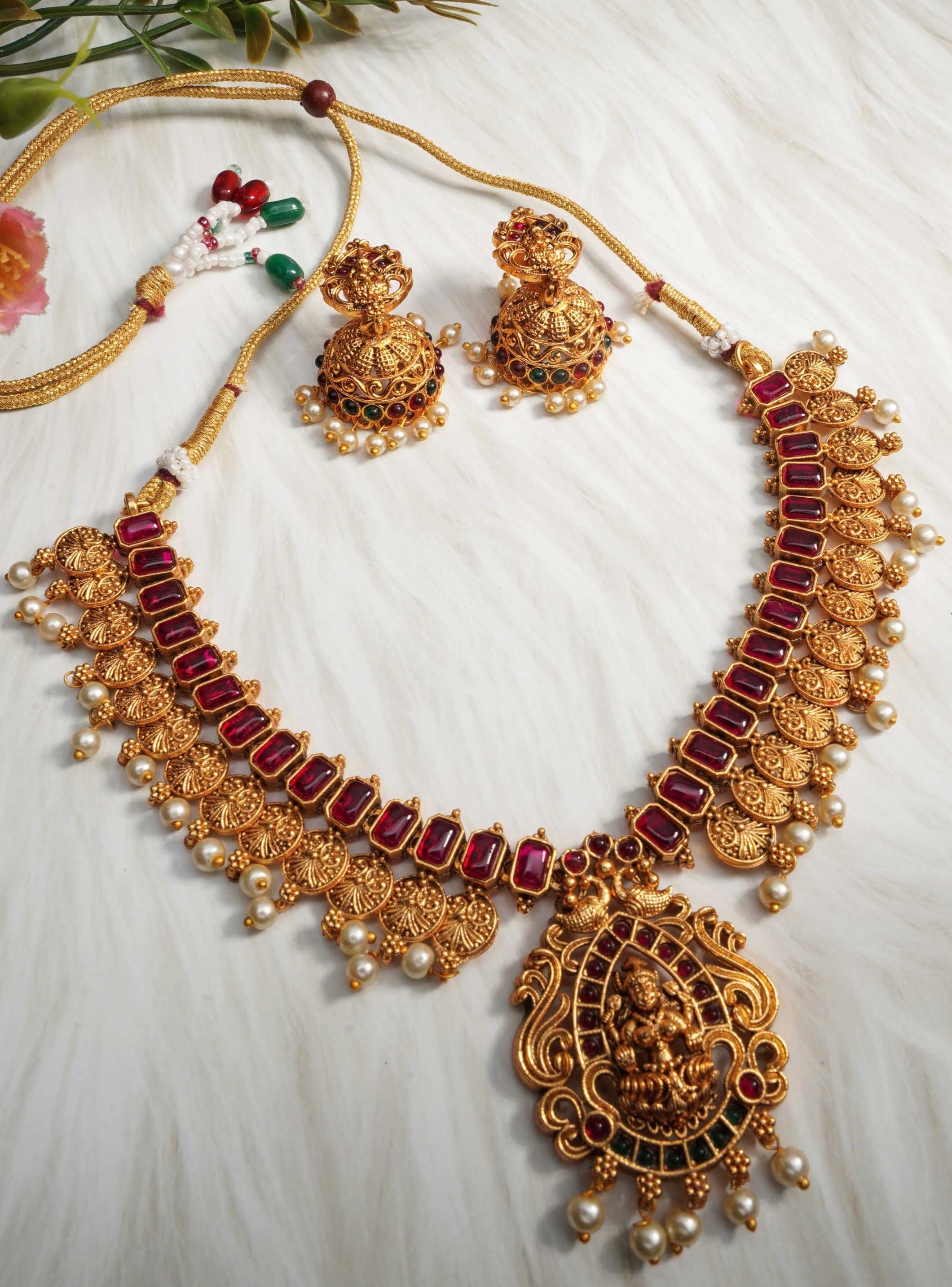 Premium Gold Plated Designer Laxmi Necklace Set with diff Colours 9269N