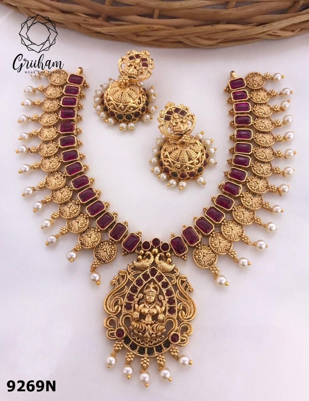 Premium Gold Plated Designer Laxmi Necklace Set with diff Colours 9269N-Necklace Set-Griiham-Ruby Red-Griiham