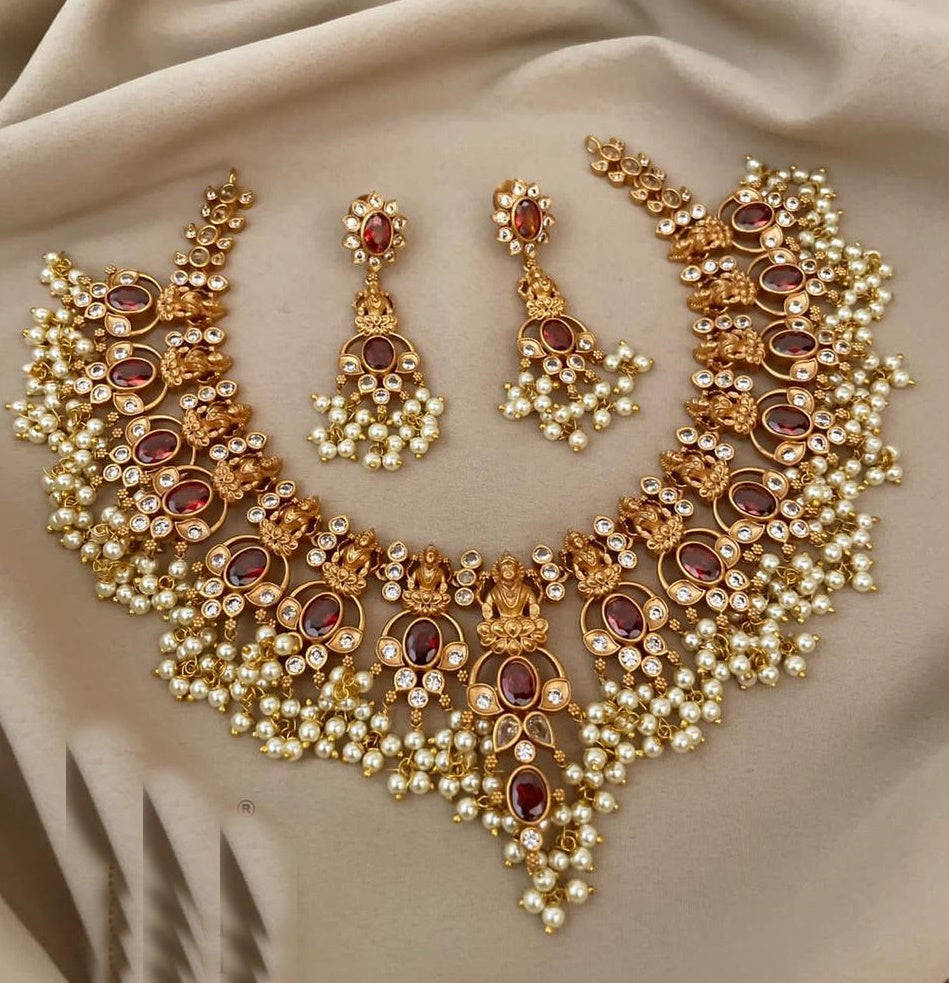 Premium Gold Plated Elegant All occasions Necklace Set with diff Colours 7865N-Necklace Set-Griiham-Ruby Red-Griiham
