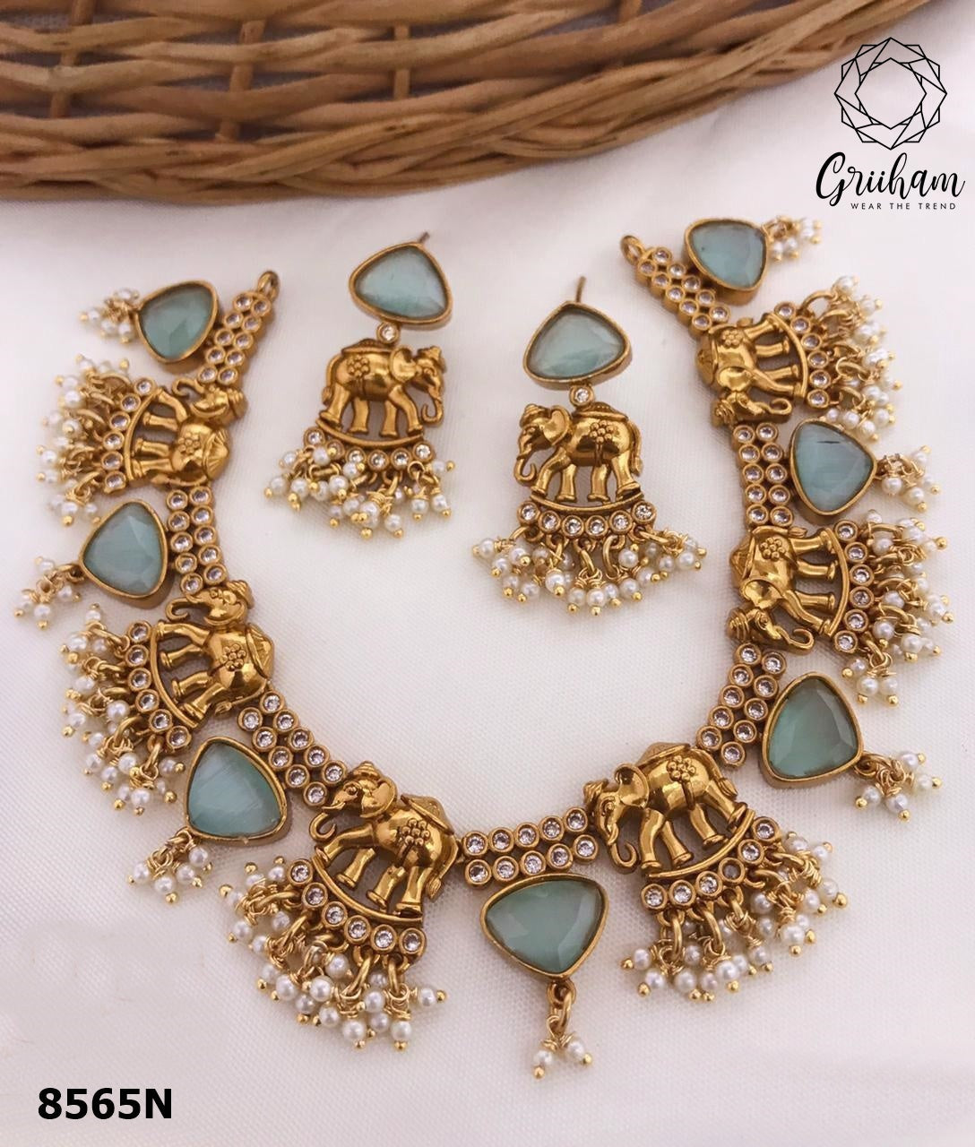 Premium Gold Plated Exclusive Necklace Set with diff Colours Monalisa Stones 8565N-Necklace Set-Griiham-Colour1-Griiham