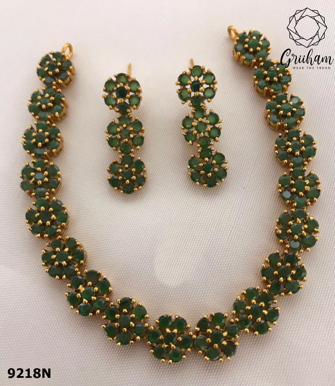 Premium Gold Plated Floral Necklace Set with diff Colours big stones 9217N-Necklace Set-Griiham-Green-Griiham