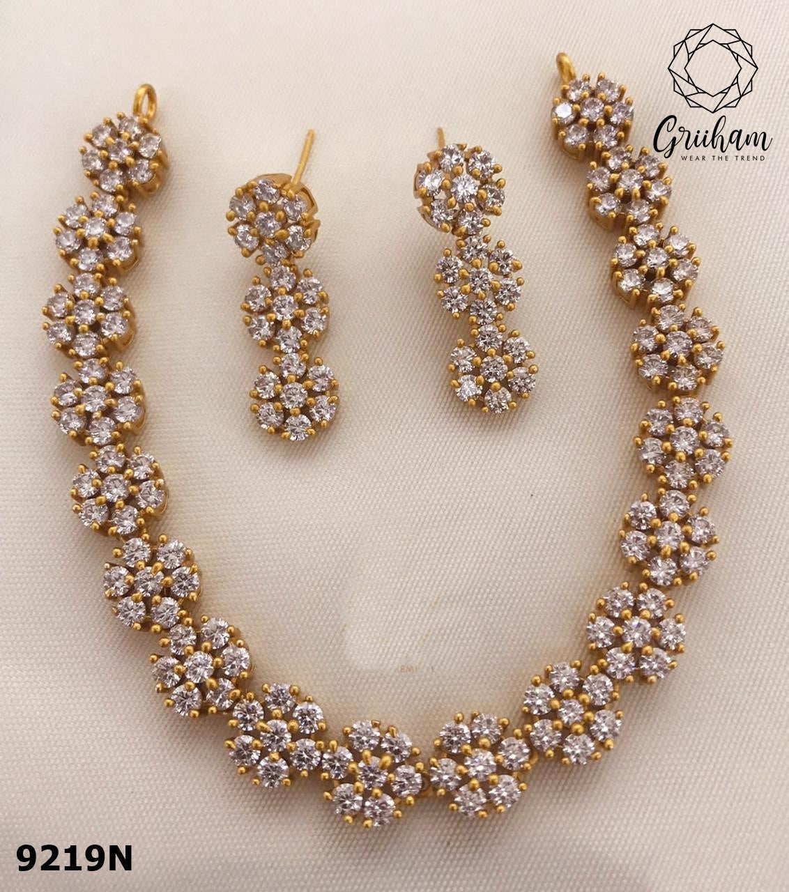 Premium Gold Plated Floral Necklace Set with diff Colours big stones 9217N-Necklace Set-Griiham-White-Griiham