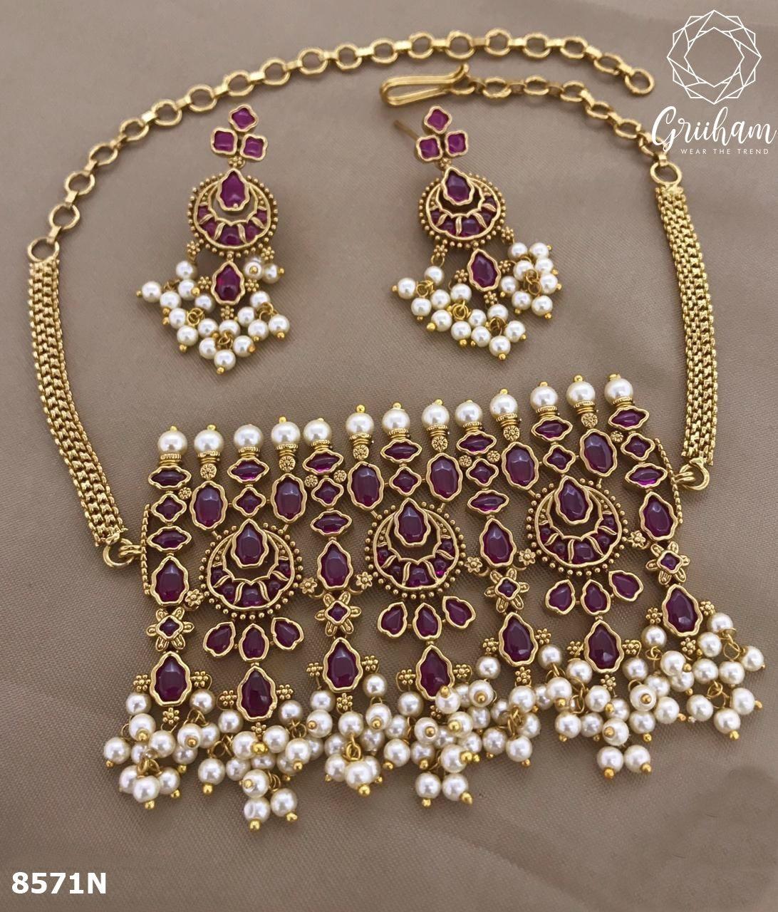Premium Gold Plated Royal Wide Choker Set with diff Colours 8571N-Necklace Set-Griiham-Ruby Red-Griiham