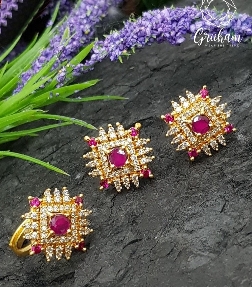 Premium Gold Plated high quality AD Jhumki/Earrings with adjustable finger ring 7007N