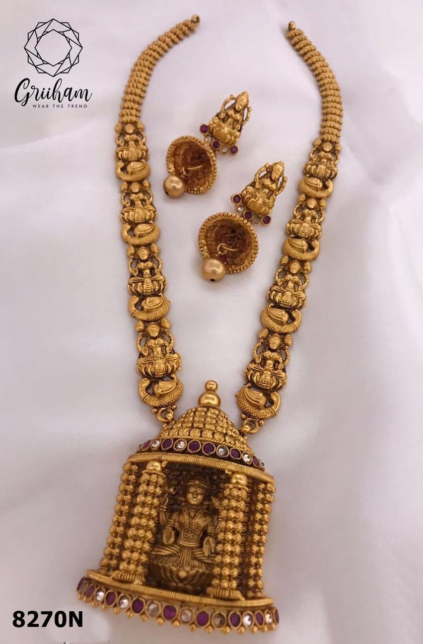Premium Gold finish Laxmi Long necklace set 8270N-Necklace Set-Kanakam-Griiham