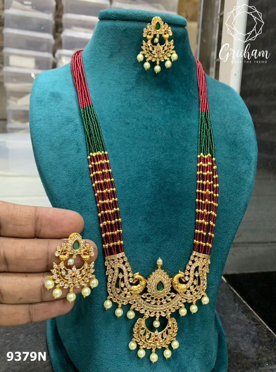 Premium Gold finish Long necklace set with colored kempu stones and cz stones 9376N