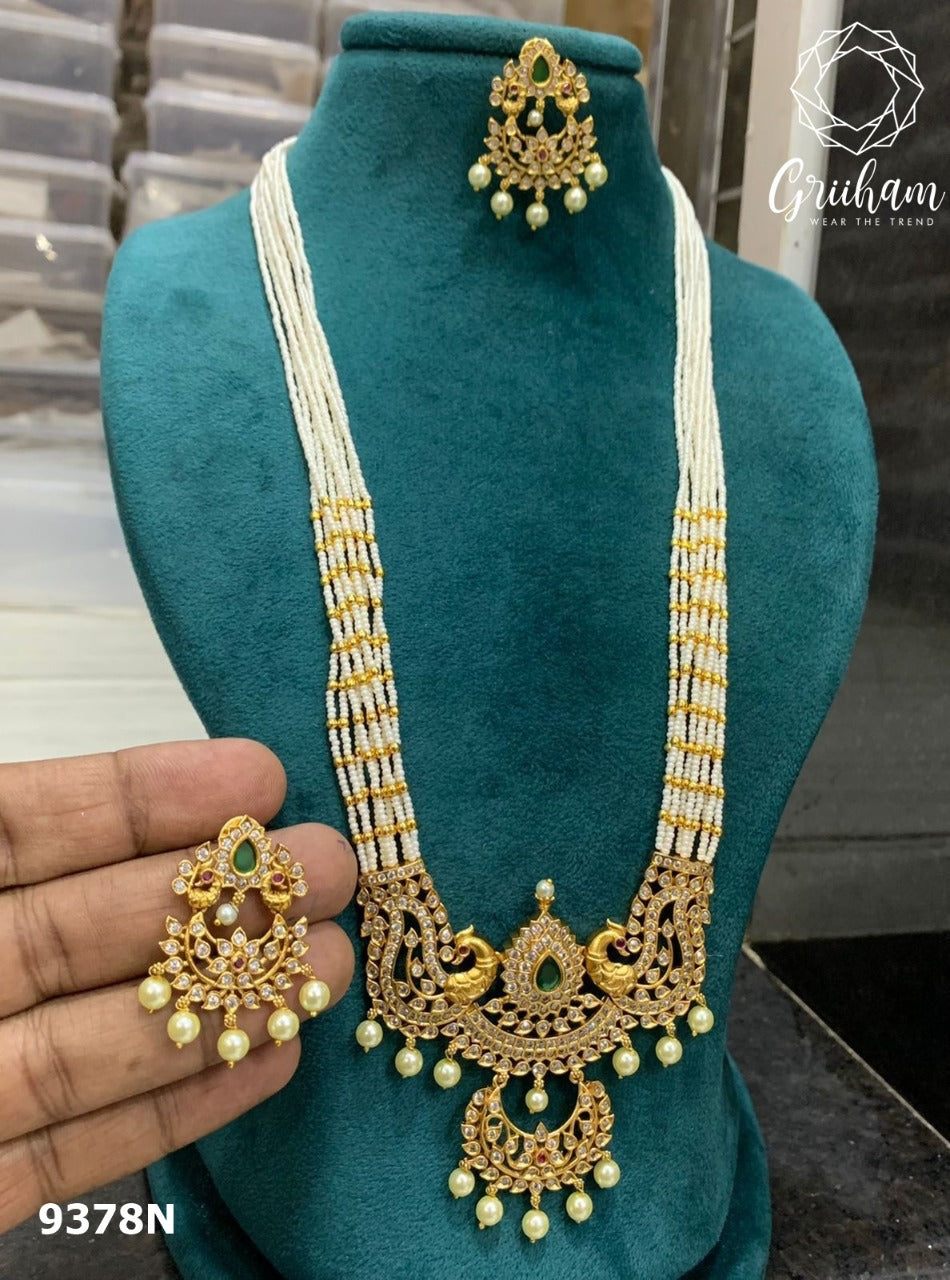 Premium Gold finish Long necklace set with colored kempu stones and cz stones 9376N