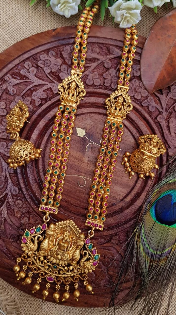 Premium Gold finish Long necklace set/Aram/Haram 8237N-Necklace Set-Kanakam-Griiham