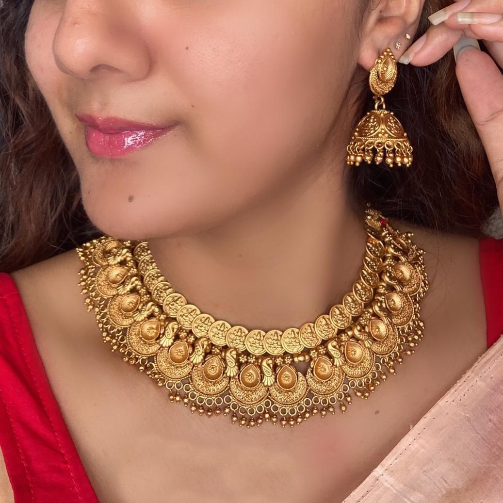 Premium Gold finish Temple necklace set 8308N-Necklace Set-Kanakam-Griiham