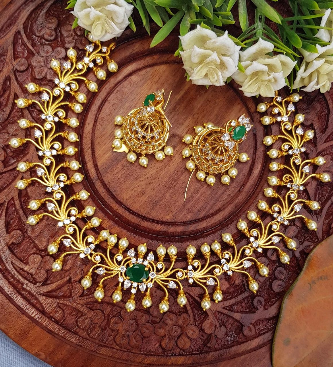 Premium Gold plated Designer Short Necklace Set 8224N-Necklace Set-Kanakam-Green-Griiham