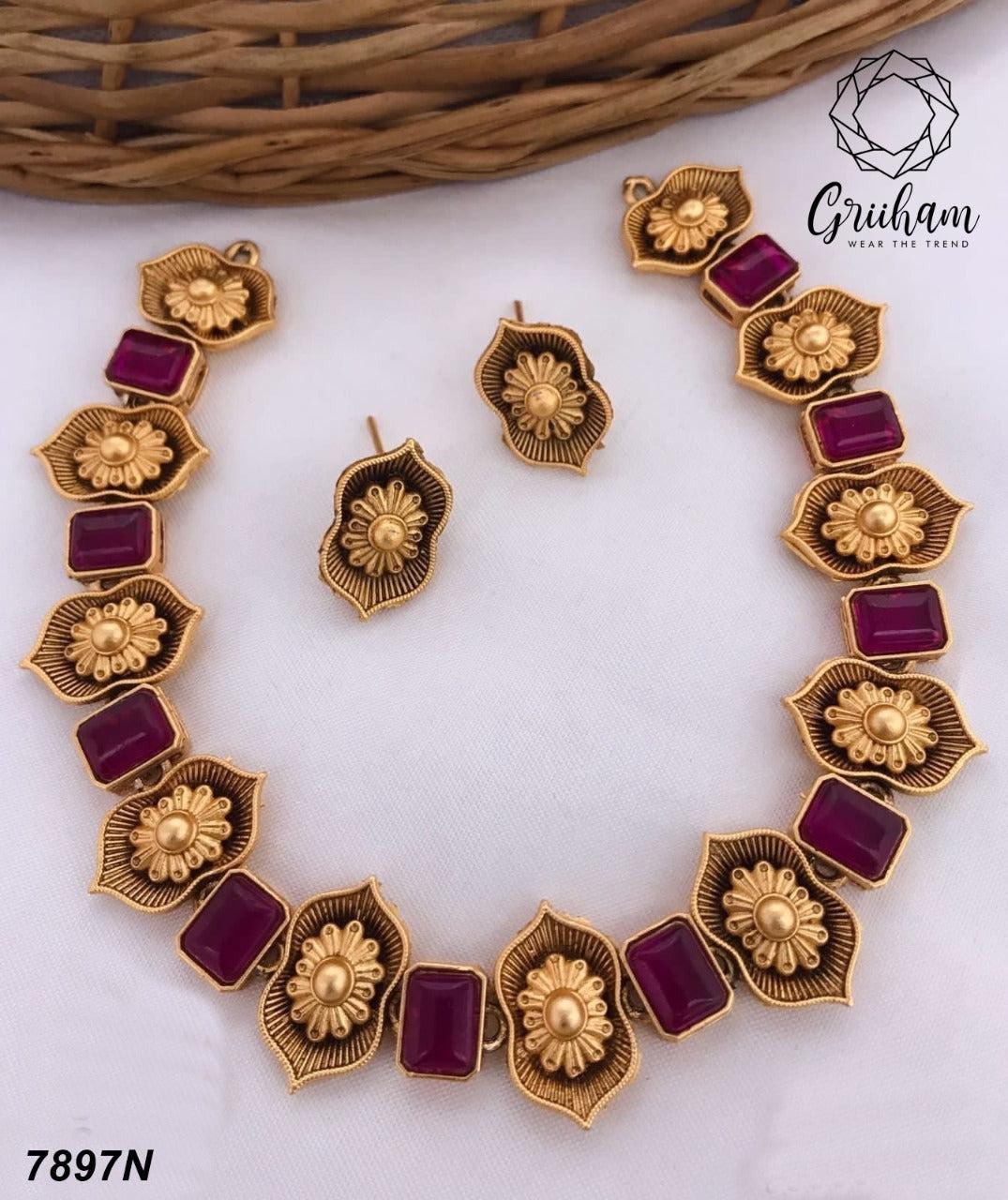 Premium Gold plated Floral Design Necklace set 7899N-Necklace Set-Kanakam-Ruby Red-Griiham