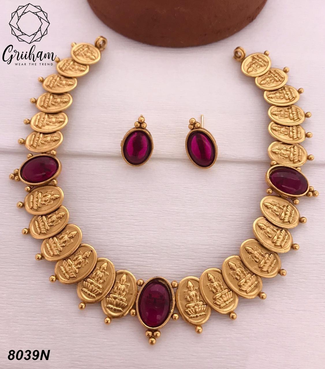 Premium Gold plated Floral Design Necklace set 8039N-Necklace Set-Kanakam-Ruby Red-Griiham