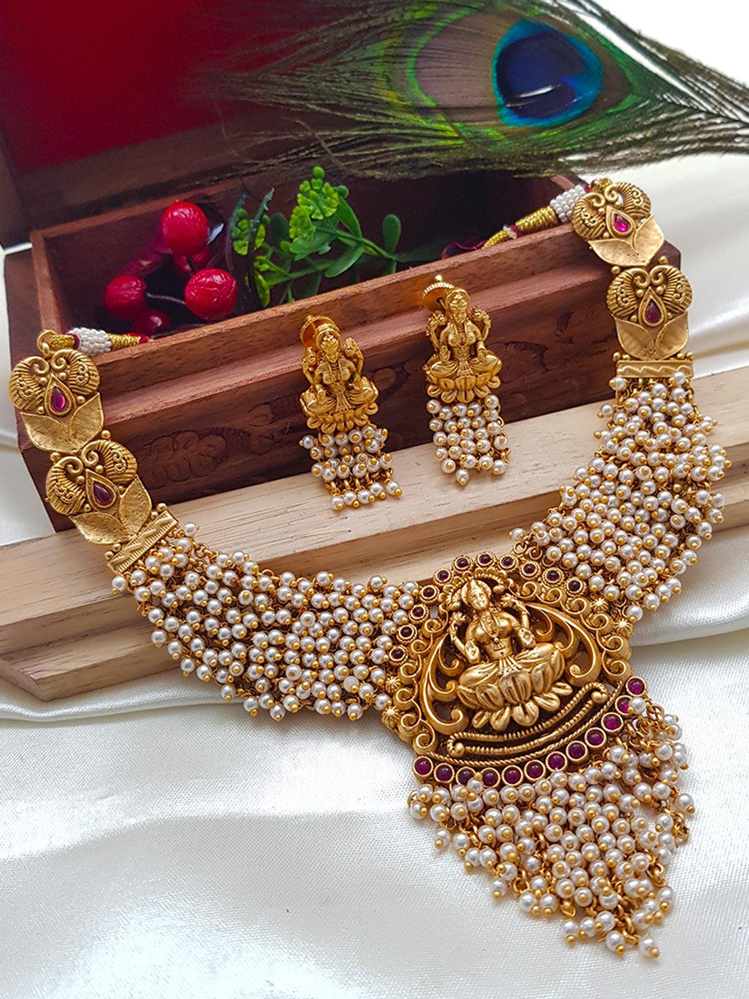 Premium Gold plated Laxmi with colored beads Short Necklace Set 8183N-Necklace Set-Kanakam-Maroon beads-Griiham