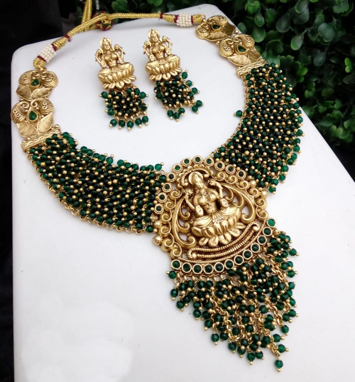 Premium Gold plated Laxmi with colored beads Short Necklace Set 8183N-Necklace Set-Kanakam-Green beads-Griiham