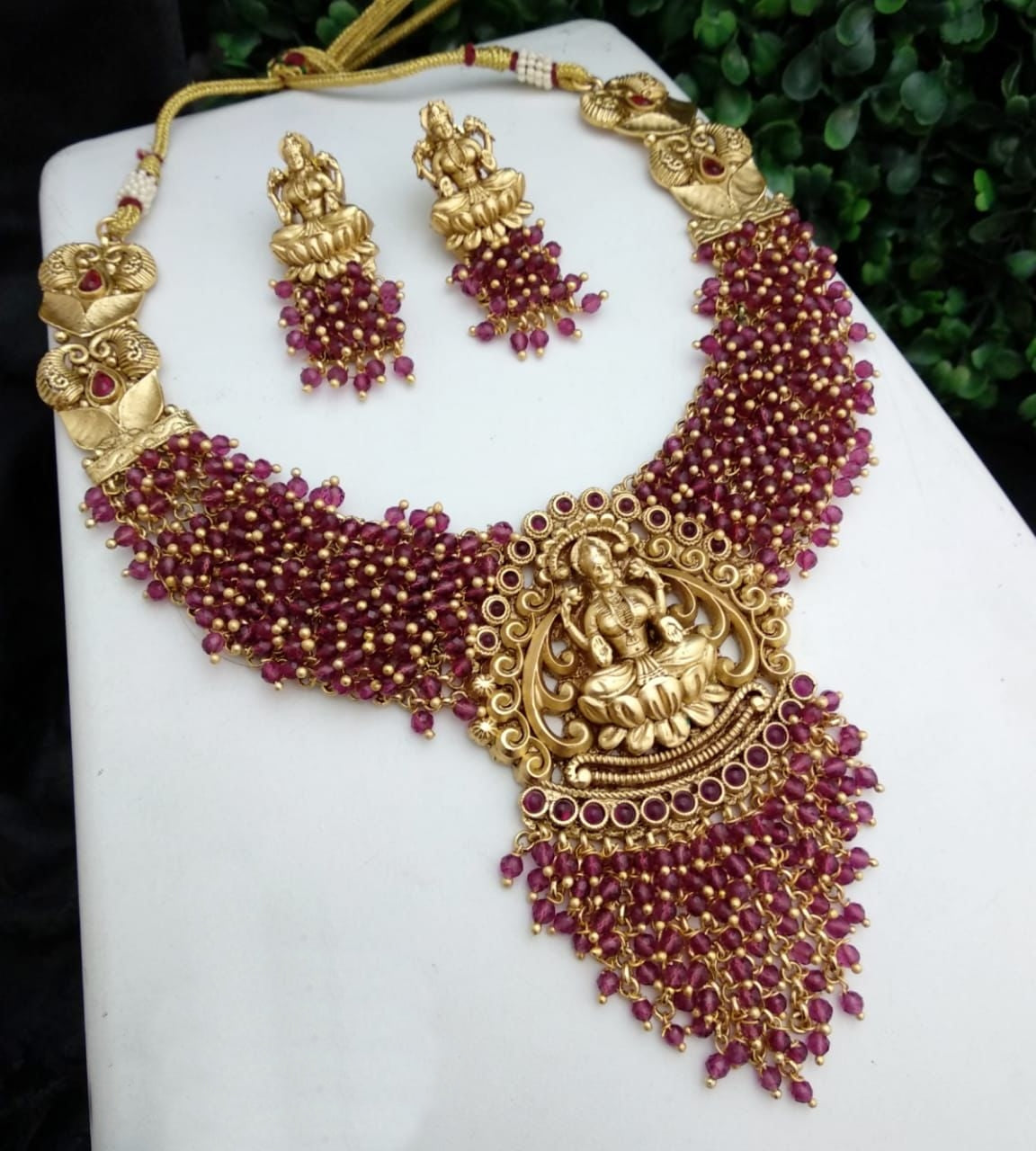Premium Gold plated Laxmi with colored beads Short Necklace Set 8183N-Necklace Set-Kanakam-Maroon beads-Griiham