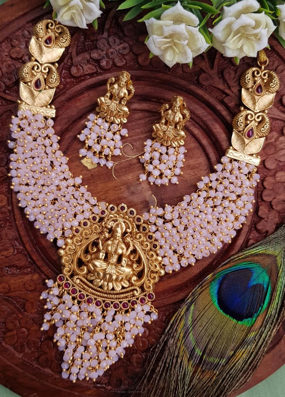 Premium Gold plated Laxmi with colored beads Short Necklace Set 8183N-Necklace Set-Kanakam-Mint Pink-Griiham