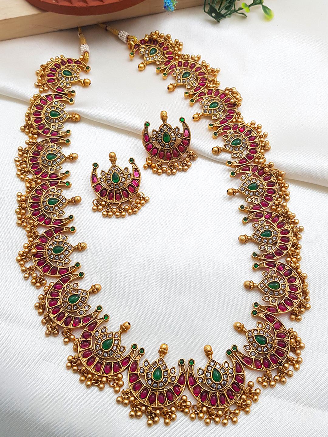 Premium Gold polish cz stones with ruby stones multicolor Long Necklace set/Haram 7903N-Necklace Set-Kanakam-Griiham