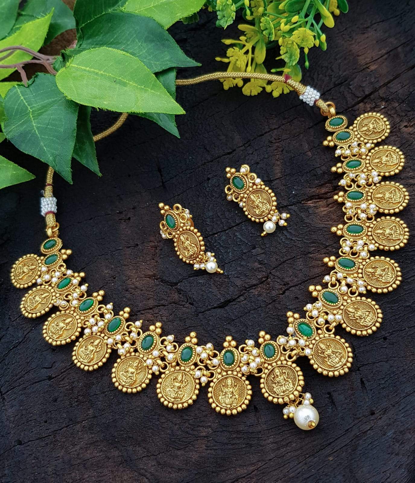 Premium Laxmi Kasu Necklace with emerald stones in premium polish 4823N