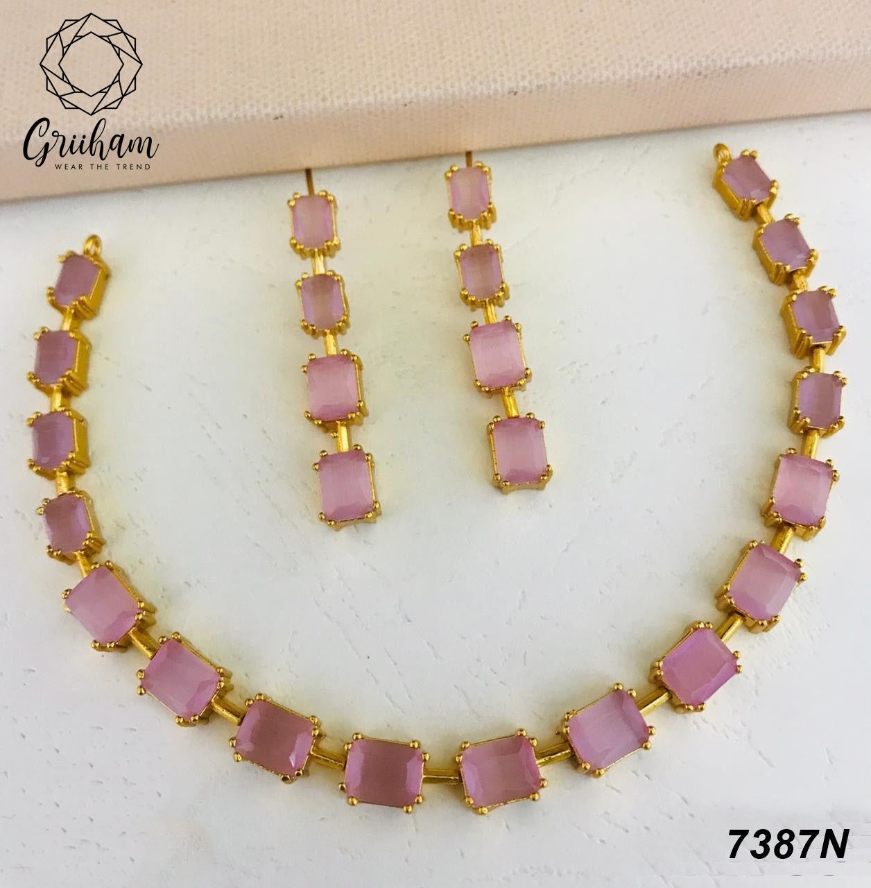 Premium Quality CZ Zercon Pastel Pink Stones Necklace Set 7387N