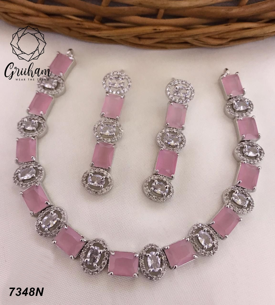 Premium Quality CZ Zercon White Gold finish with Pastel pink and white zercon Necklace Set 7348N