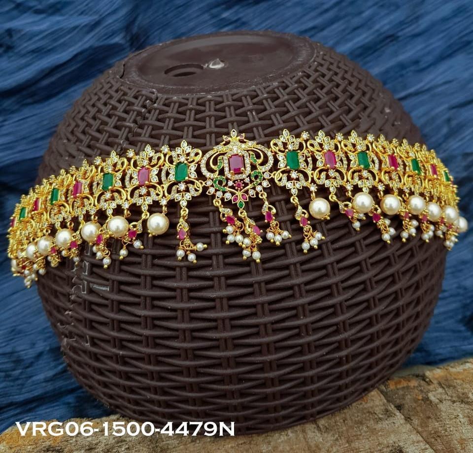 Premium Quality High Gold finish Free Size Real AD Stone Multicolour Vodiannam/Waist belt/Kamar bandh VRG06-1500-4479N