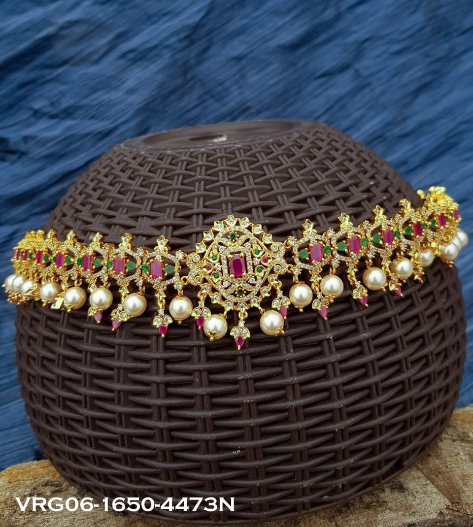 Premium Quality High Gold finish Free Size Real AD Stone Multicolour Vodiannam/Waist belt/Kamar bandh VRG06-1650-4473N