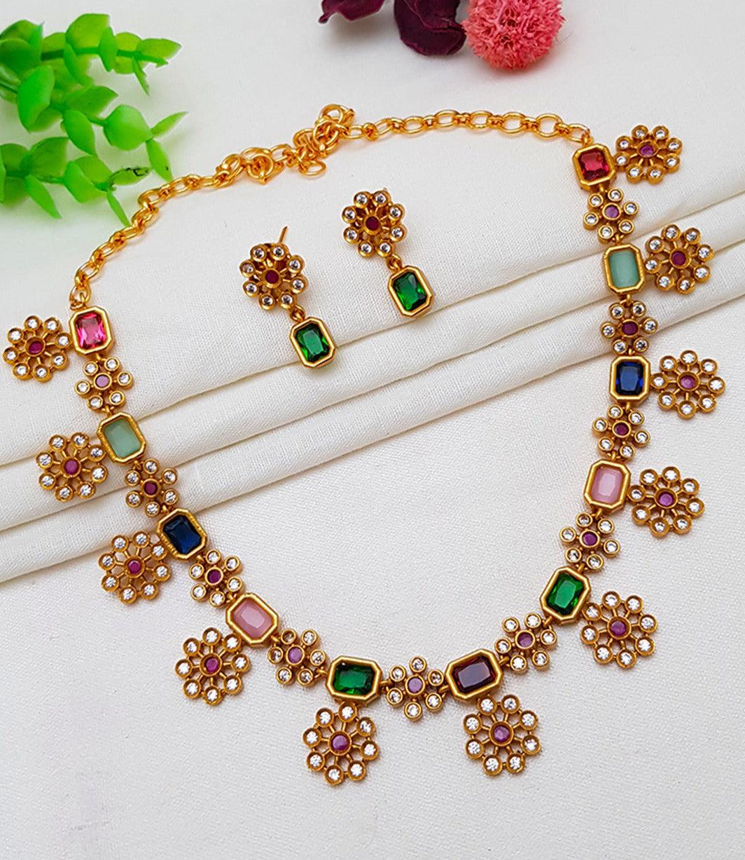Premium Quality Short necklace set with Navaratna and cz Stones floral motif 5804n-Necklace Set-Griiham-Griiham
