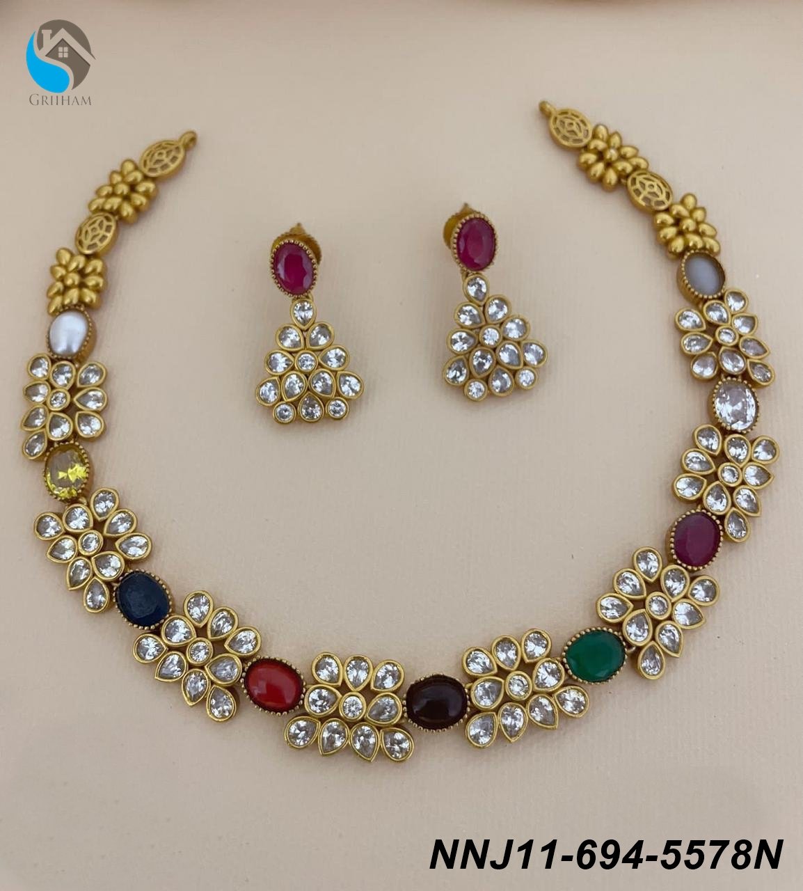 Premium Quality Short necklace set with navaratna Stones 5578n