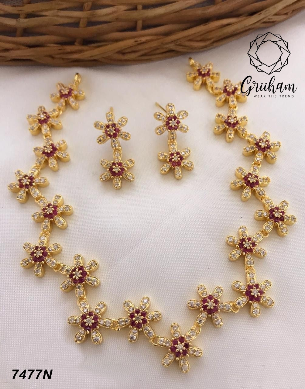 Premium Quality Zercon Ruby Gold finish Necklace Set 7477N
