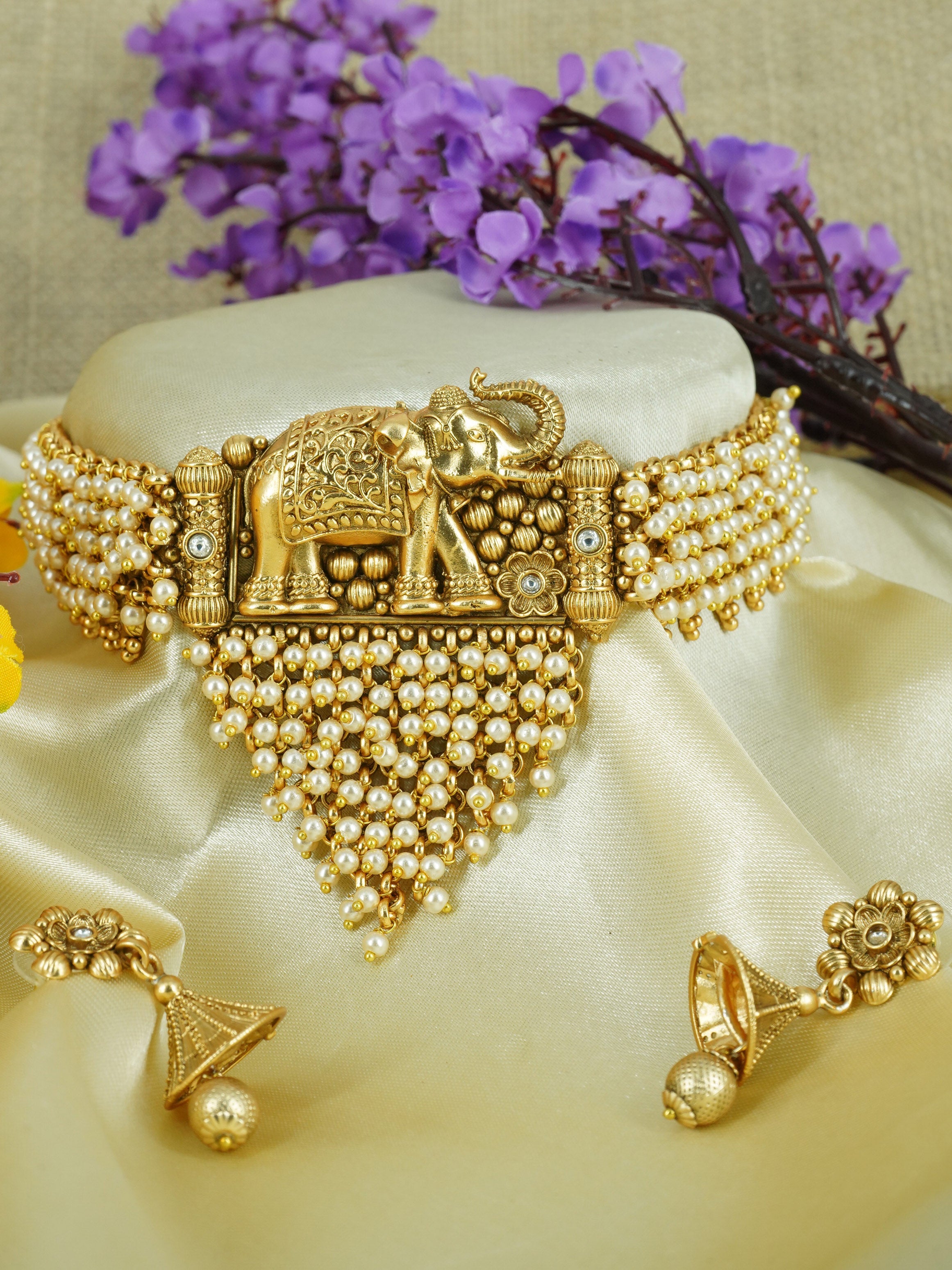 Premium Rajwadi Gold Finish Grand Necklace Choker Set with Pearls 11973N