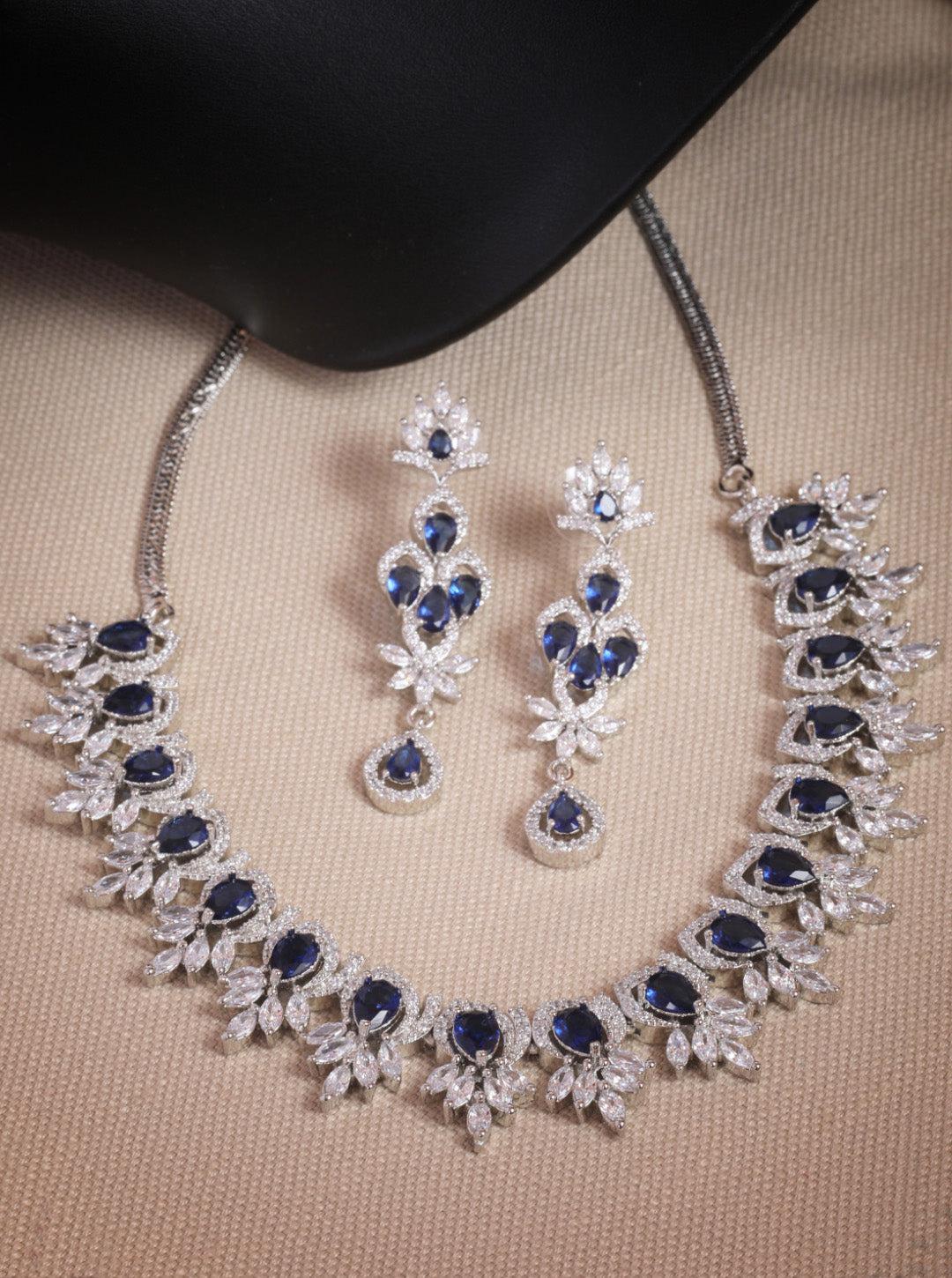 Premium Rose Gold Plated with sparkling Blue and White CZ stones designer Necklace Set 8943N