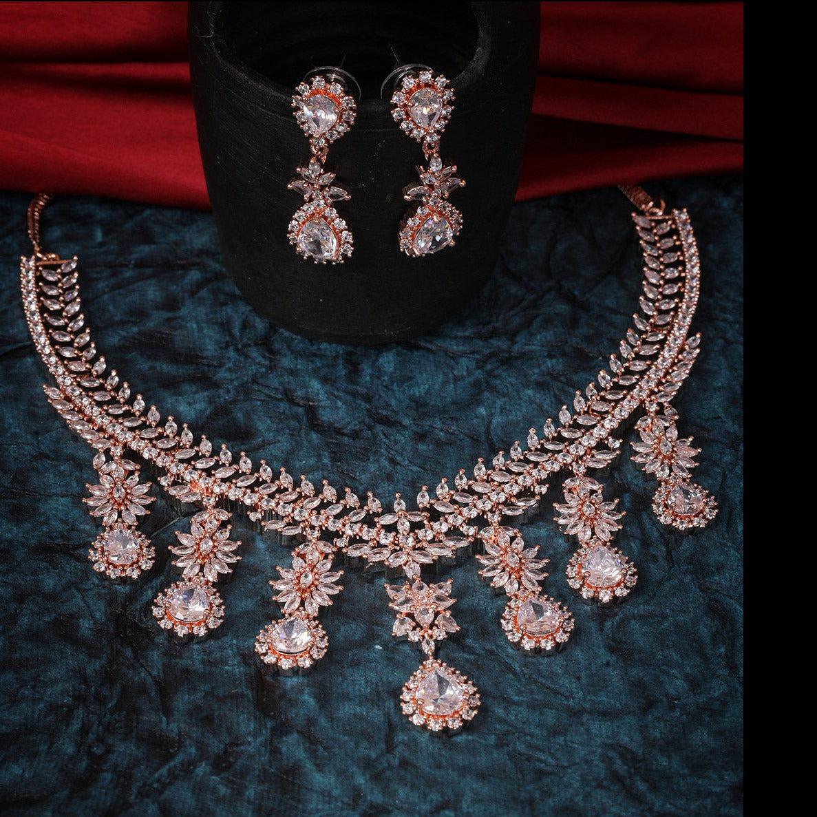 Premium Rose Gold Plated with sparkling White CZ stones Bridal Necklace Set 8922N