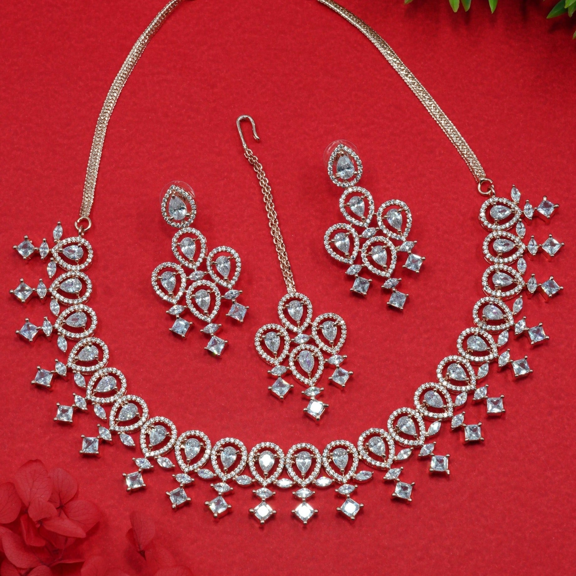 Premium Rose Gold Plated with sparkling White CZ stones Bridal Necklace Set 8924N
