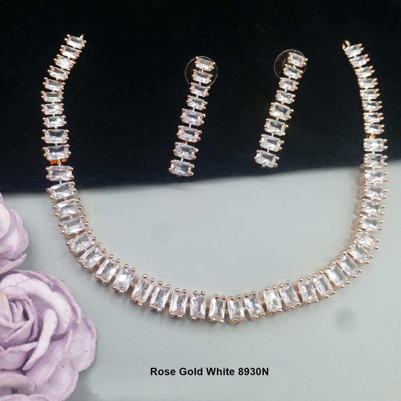 Premium Rose Gold Plated with sparkling white CZ stones Solitaire design Necklace Set 8930N-Necklace Set-Griiham-Griiham