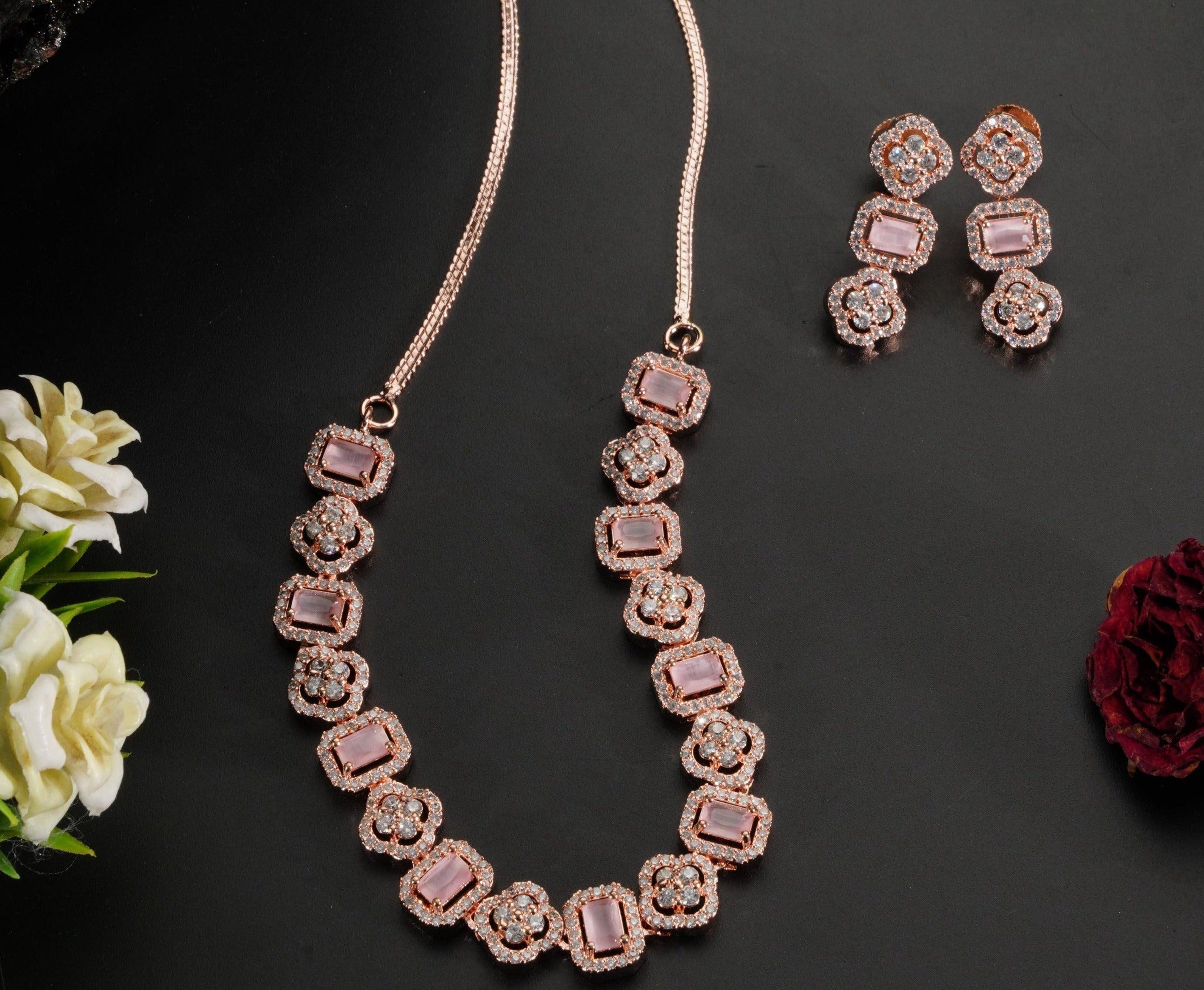 Premium Sayara Collection Rose Gold Plated Necklace set with Top quality Pink white CZ Stone 8813N