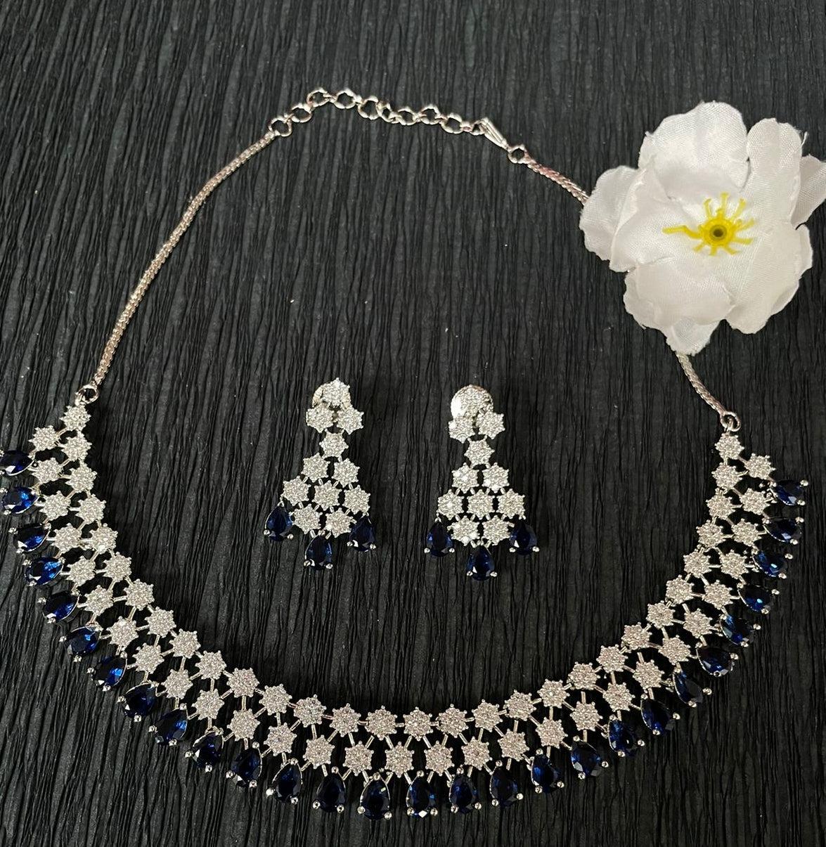 Premium Sayara Collection Two line star Necklace with Blue CZ Stones 8739N-Necklace Set-season end sale item-Griiham
