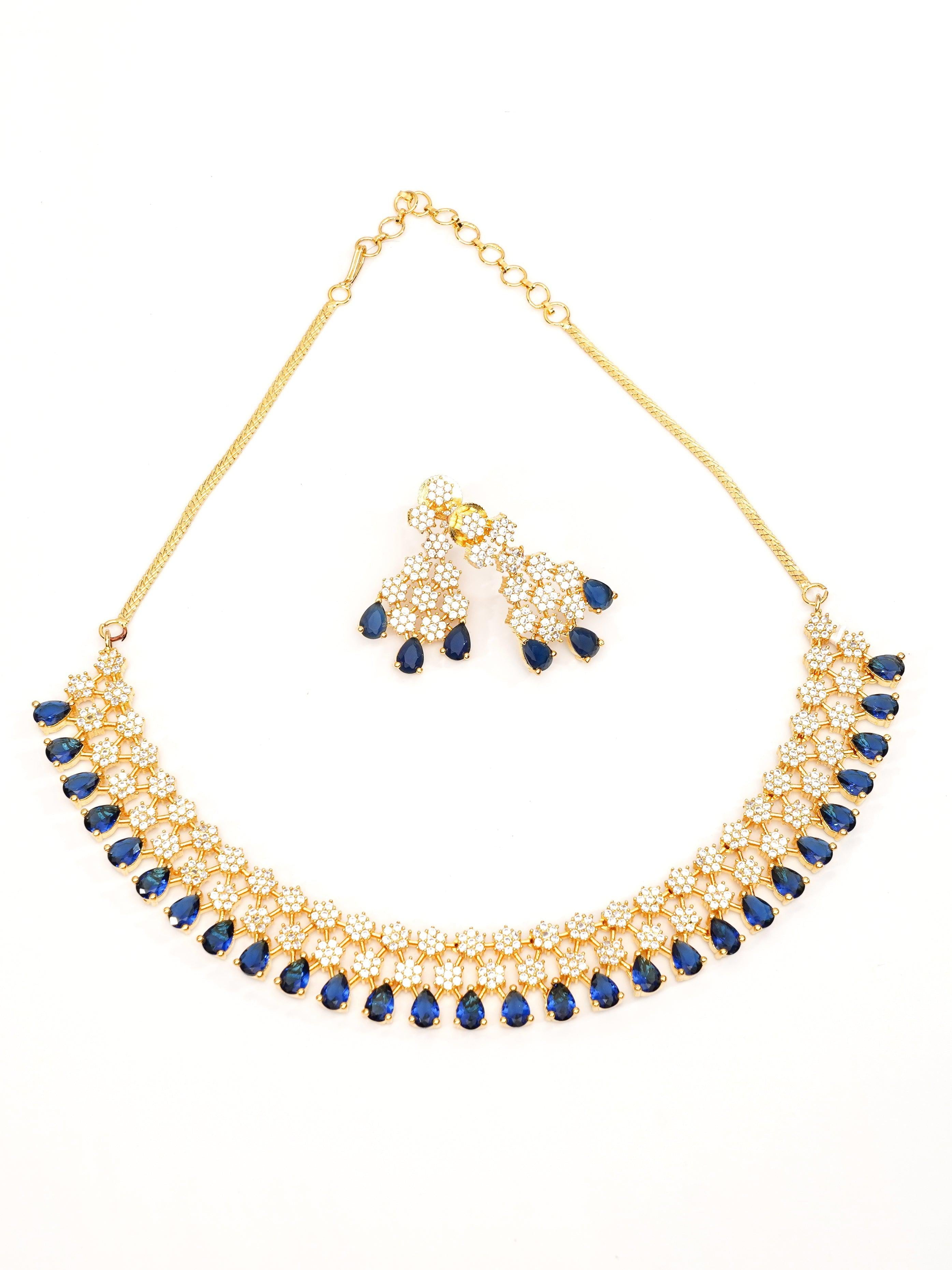 Premium Sayara Collection Two line star Necklace with Blue CZ Stones 8739N
