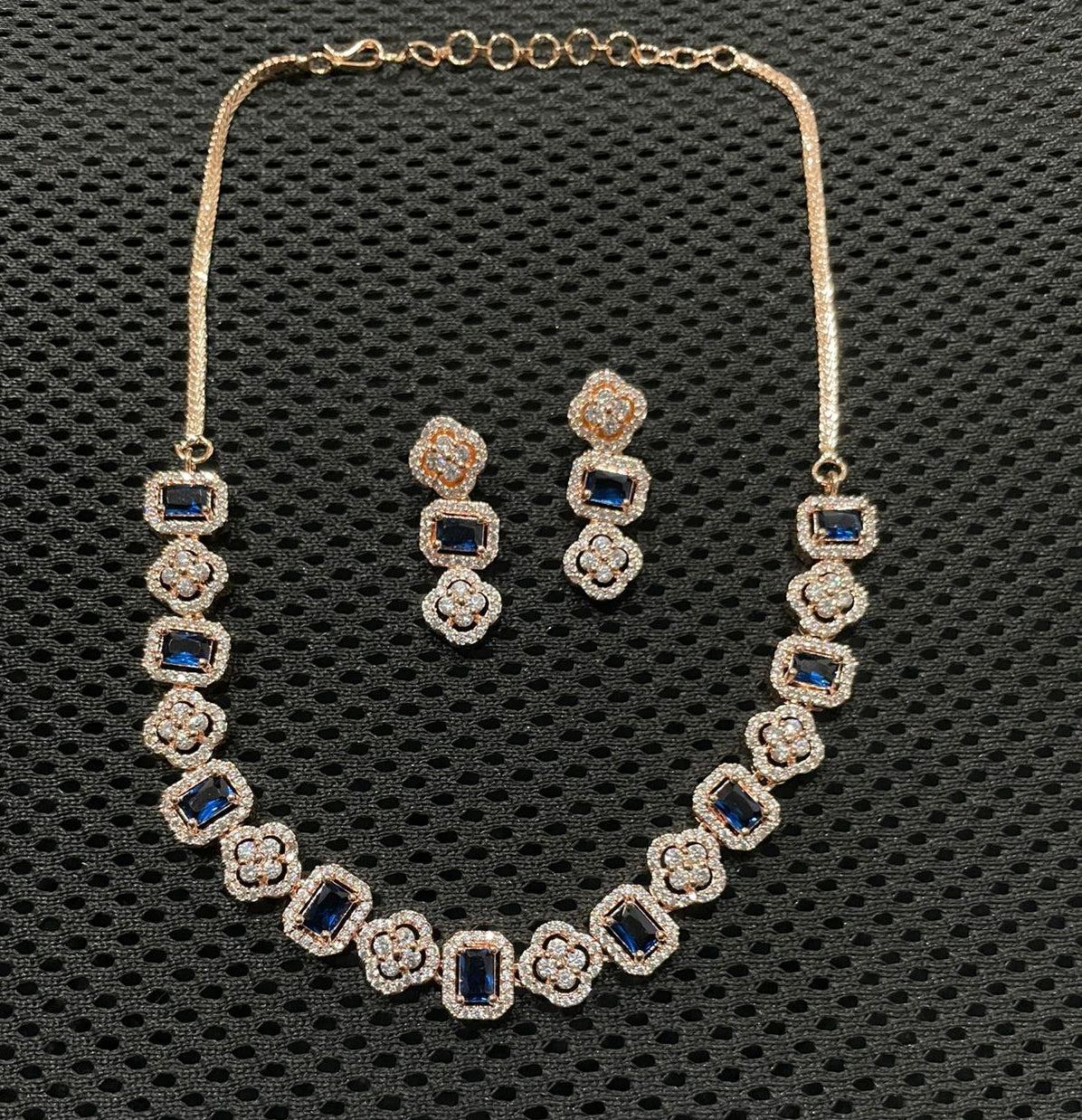 Premium Sayara Collection White Gold Plated Necklace set with Top quality Blue CZ Stone 8815N-Necklace Set-season end sale item-Griiham