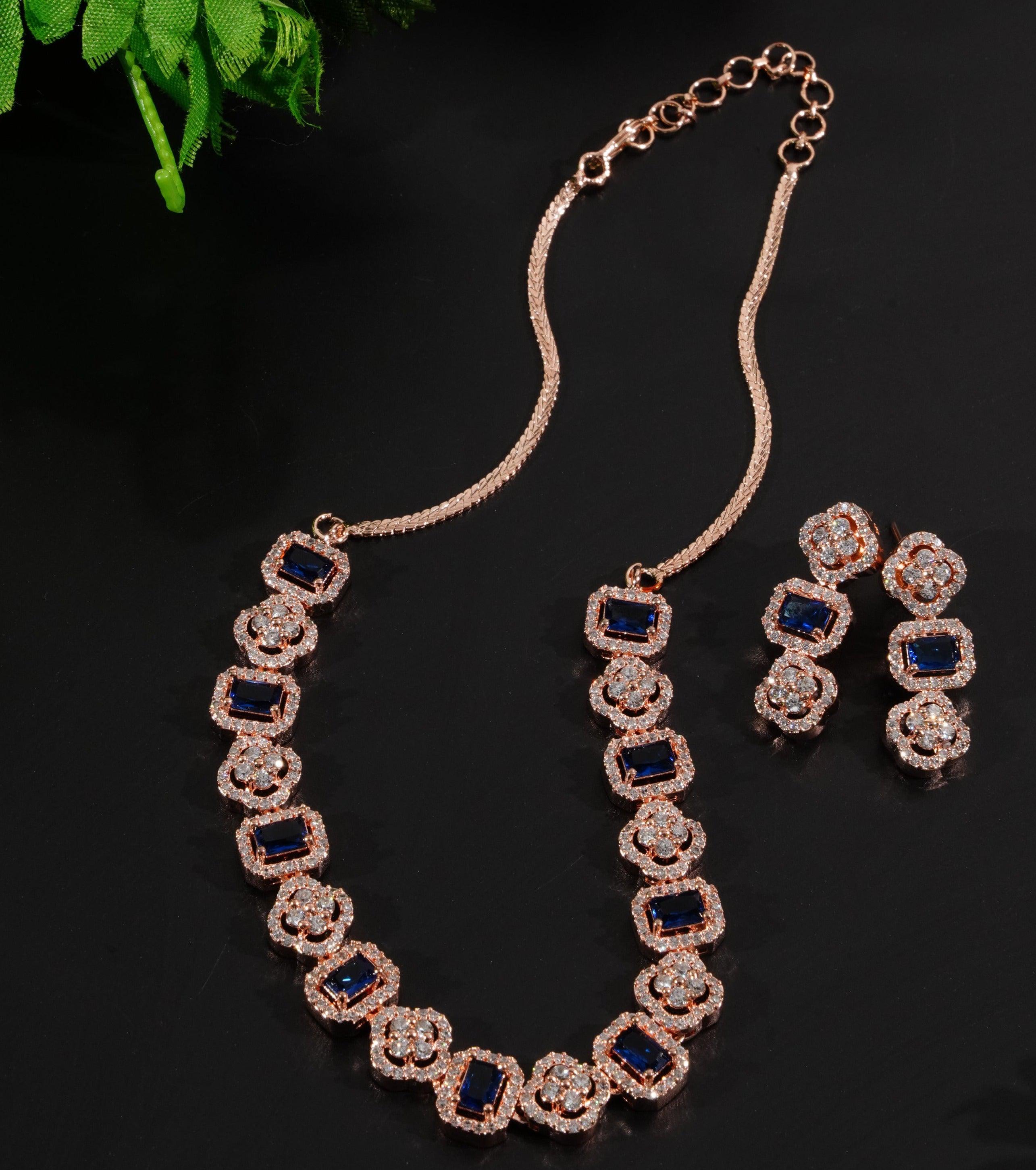 Premium Sayara Collection White Gold Plated Necklace set with Top quality Blue CZ Stone 8815N