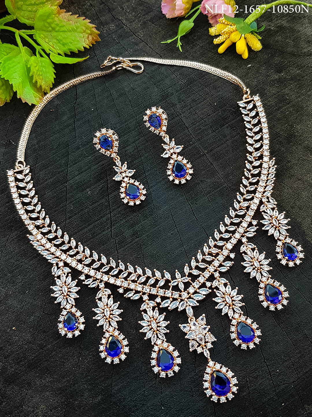 Premium White Gold Plated Sayara Collection Bridal Necklace set with blue stones 10850N