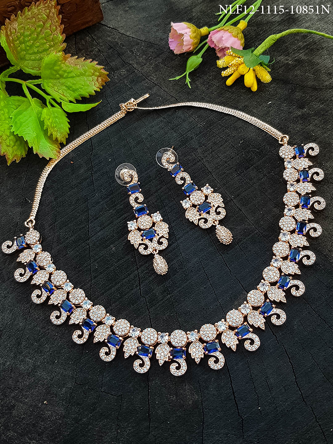 Premium White Gold Plated Sayara Collection Designer Necklace set with blue stones 10851N