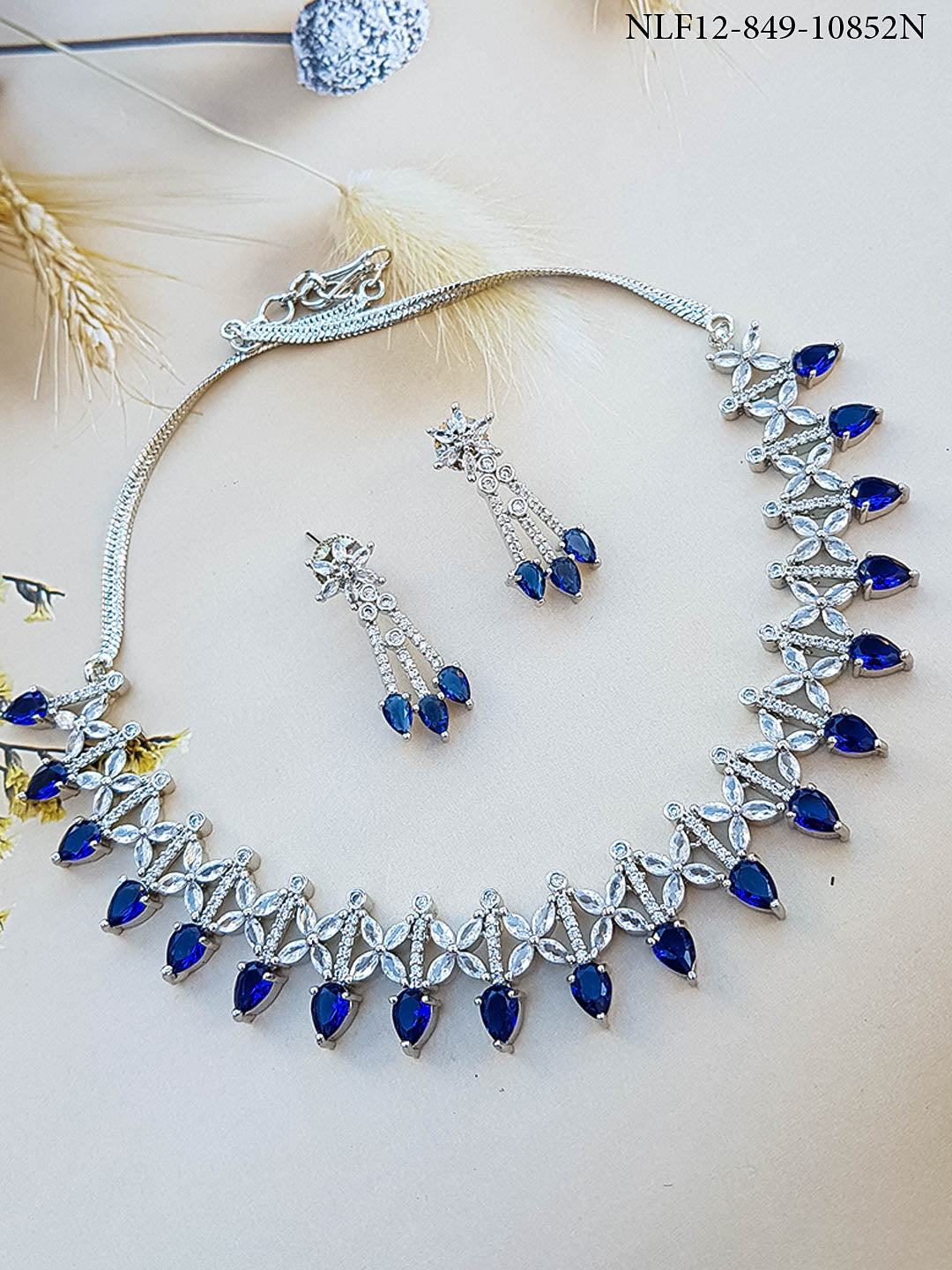 Premium White Gold Plated Sayara Collection designer Necklace set with blue stones 10852N