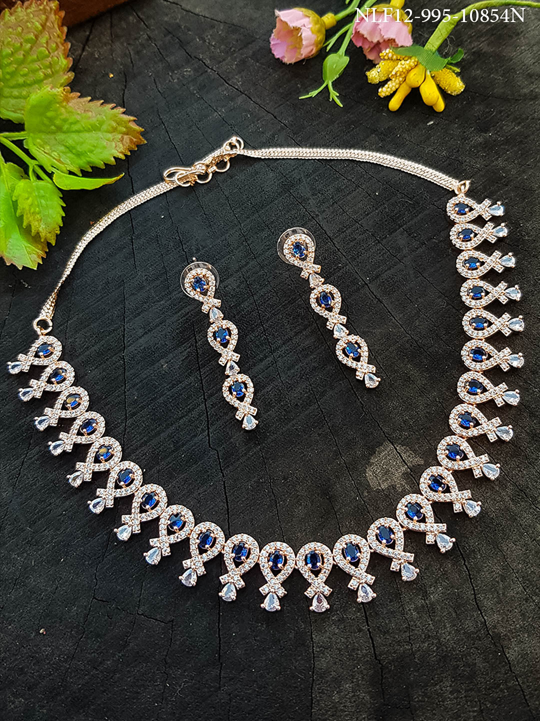 Premium White Gold Plated Sayara Collection designer Necklace set with blue stones 10854N