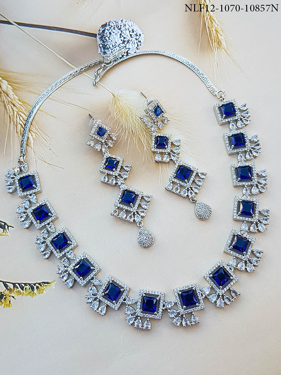 Premium White Gold Plated Sayara Collection designer Necklace set with blue stones 10857N