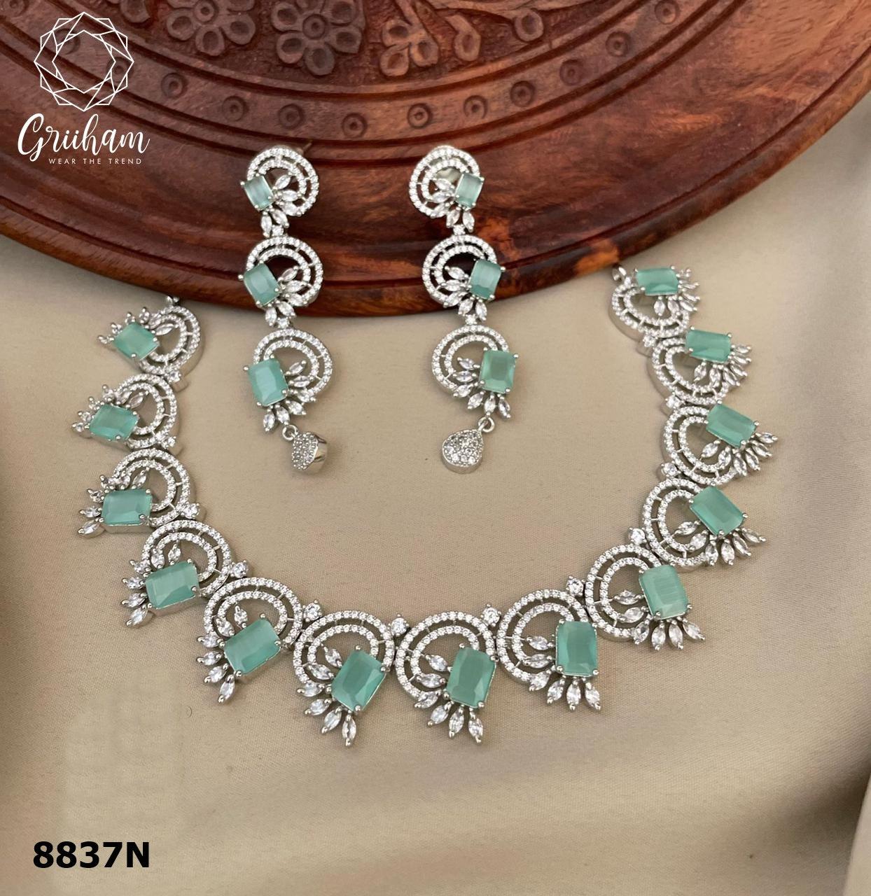 Premium White Gold Plated with sparkling Mint green CZ stones Designer Necklace Set 8837N-Necklace Set-Griiham-Griiham