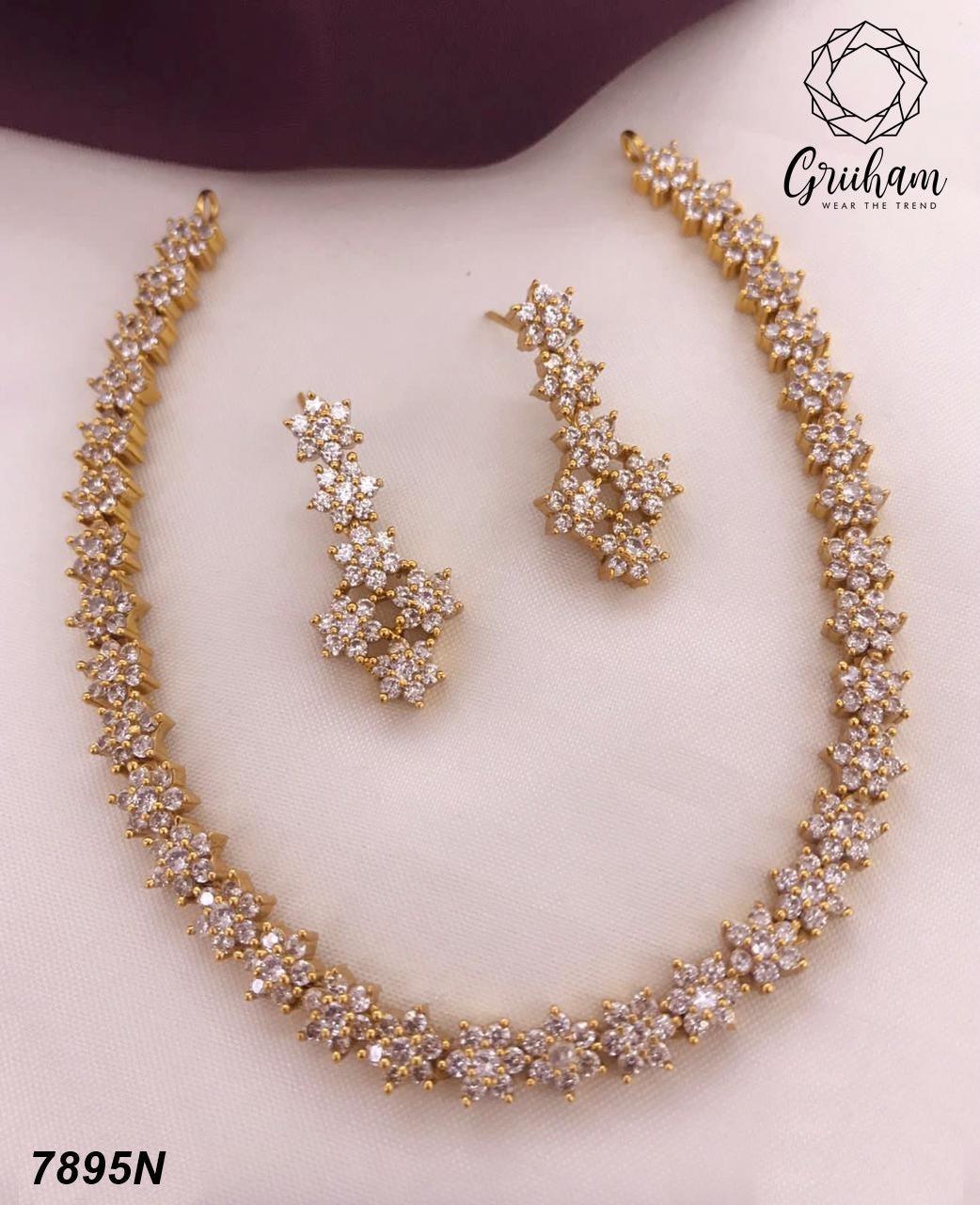 Premium White Gold cz stones Necklace set 7894N-Necklace Set-Kanakam-White-Griiham